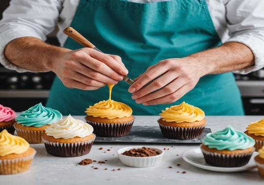 Freshly decorated artisan cupcakes on a marble countertop at Santither Bakes