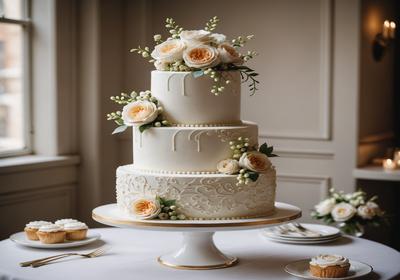 Bespoke celebration cakes displayed on marble stands