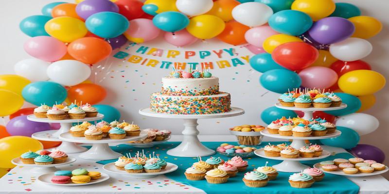 A colourful birthday dessert table with cupcakes, cookies and cake pops