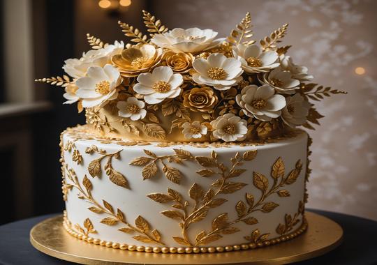 Elegant three-tier celebration cake decorated with fresh flowers and gold accents