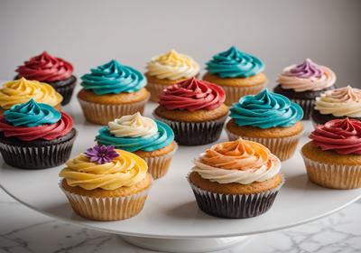 A colourful selection of artisan cupcakes with piped buttercream frosting