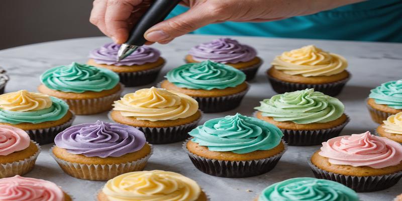 A baker carefully piping swirls of buttercream frosting onto freshly baked cupcakes