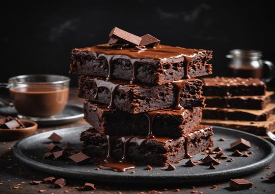Close-up of fudgy chocolate brownies stacked on a wooden board with a dusting of cocoa