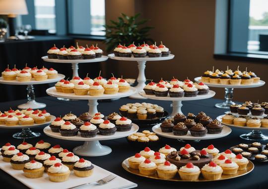 Professional catering setup with cupcakes, brownies and cookies arranged on a modern office table