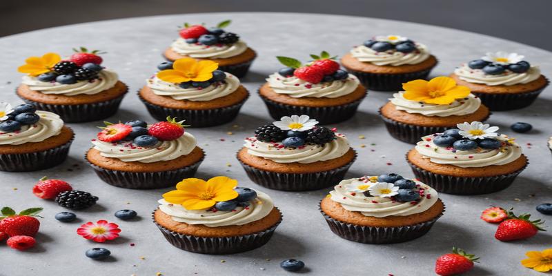A batch of beautifully frosted vegan cupcakes on a wooden board